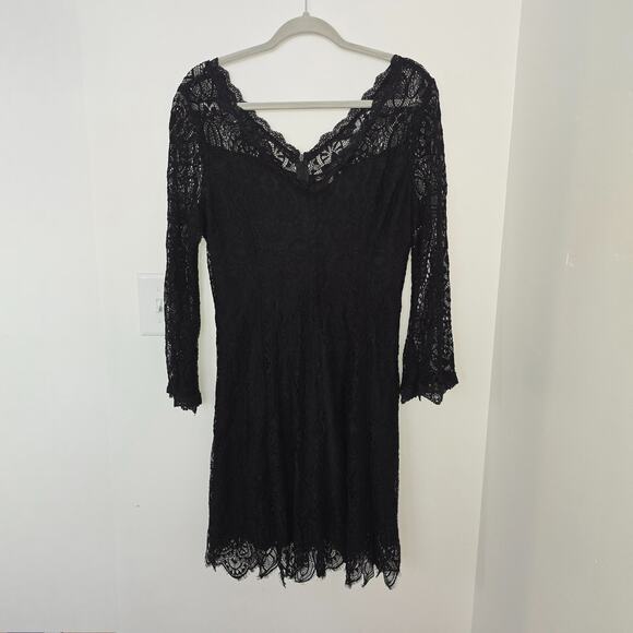 Black Lace Dress 1X Overlay Bell Sleeve V Neck Scallop Hem Boho Fairy Romantic - Picture 3 of 10